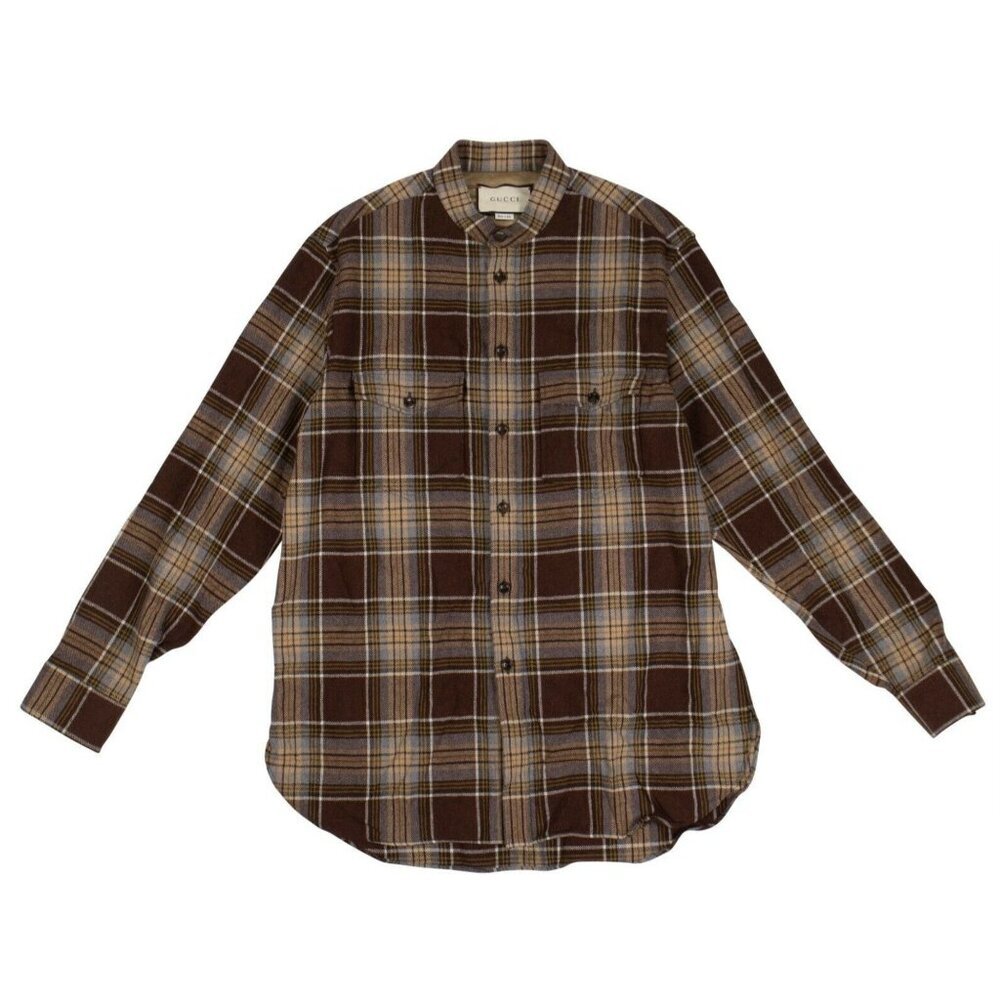 NWT Gucci Brown Wool Checked Button Down Shirt
